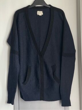 BAND OF OUTSIDERS Wool & Alpaca Blend Navy w/ Black Trims V-Neck Cardigan